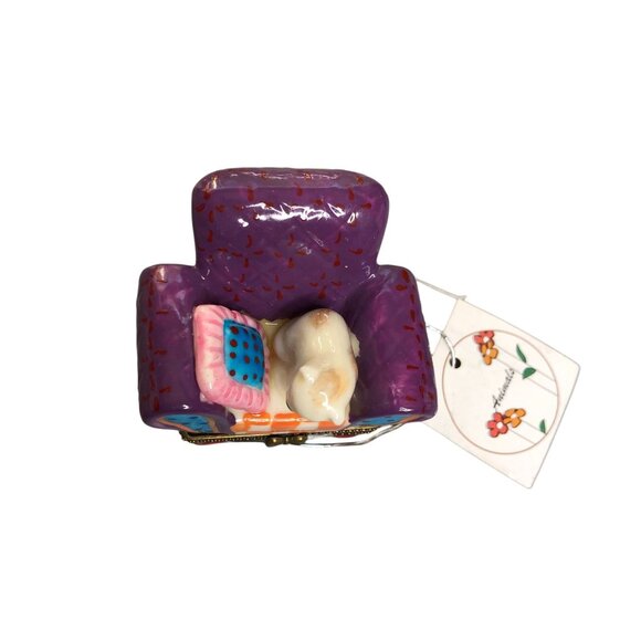 Gift Box Cat Chair Porcelain Hinged Trinket Present Jewelry Pill Purple Kitten - Picture 3 of 13